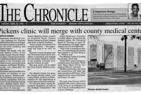 newspaper clipping from 1985, The Chronicle: Pickens clinic will merge with county medical center