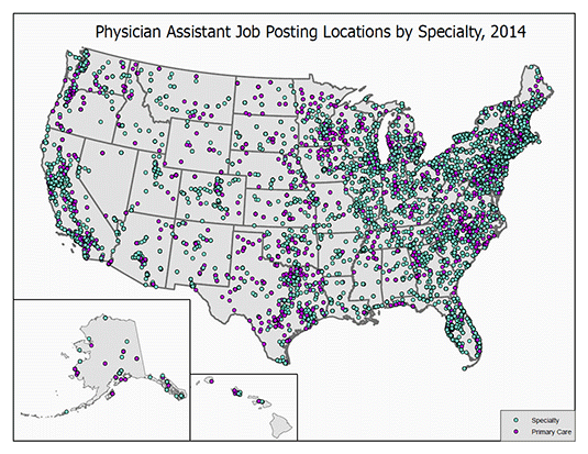 heat map of US: Physician Assistant Job Posting Locations by Specialty, 2014