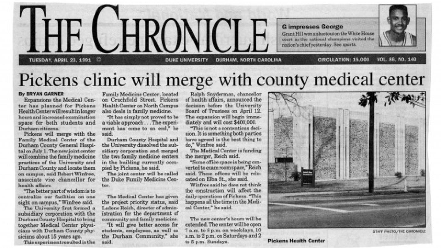 newspaper clipping from 1985, The Chronicle: Pickens clinic will merge with county medical center