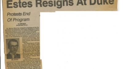 newspaper clipping from 1985, Durham Morning Herald: "Estes Resigns At Duke"