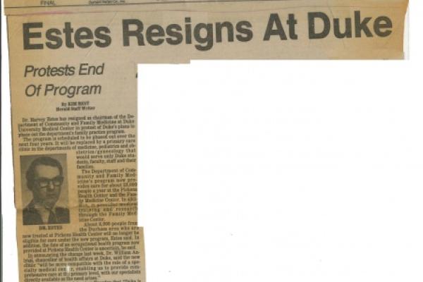 newspaper clipping from 1985, Durham Morning Herald: "Estes Resigns At Duke"